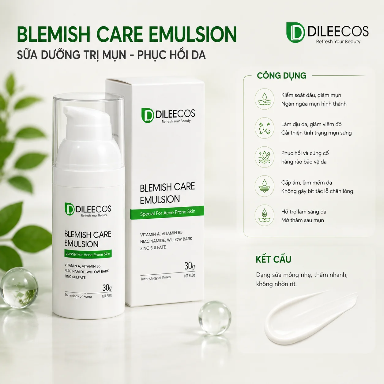 SỮA DƯỠNG TRỊ MỤN DILEECOS BLEMISH CARE EMULSION 30g - Ảnh 2